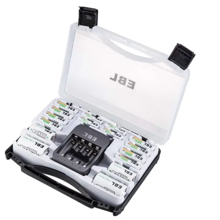 EBL Rechargeable Battery Kit – 8×AA (2300mAh), 4×AAA (800mAh), 40-Min Fast Charger, C/D Converters & Organizer
