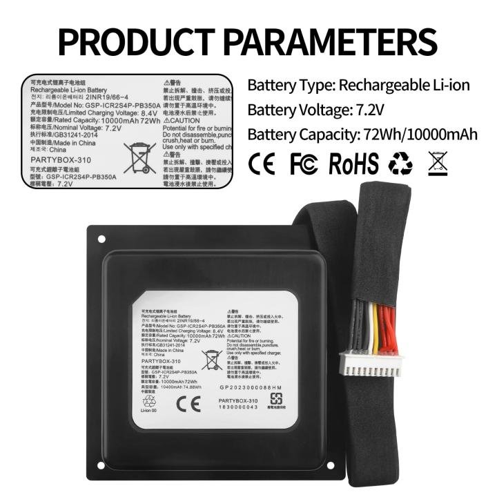JBL PartyBox 310 Portable Bluetooth Speaker Series, Replacement for GSP-2S4P-PB350A GSP-2S4P-PB350B GSP-ICR2S4P-PB350A Battery 7.2V 72Wh 10000mAh