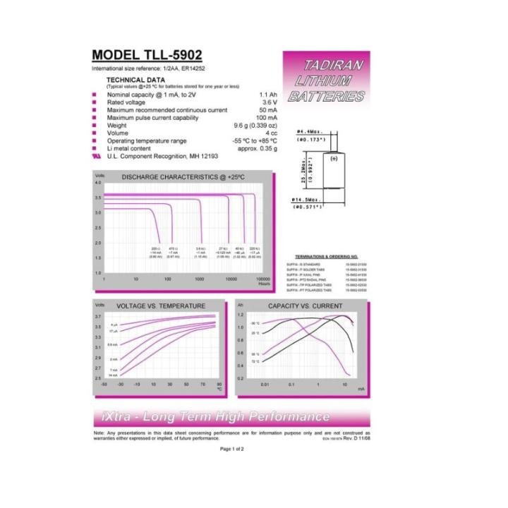 Tadiran TL-5902 1/2 AA Size LiSOCl2 Battery